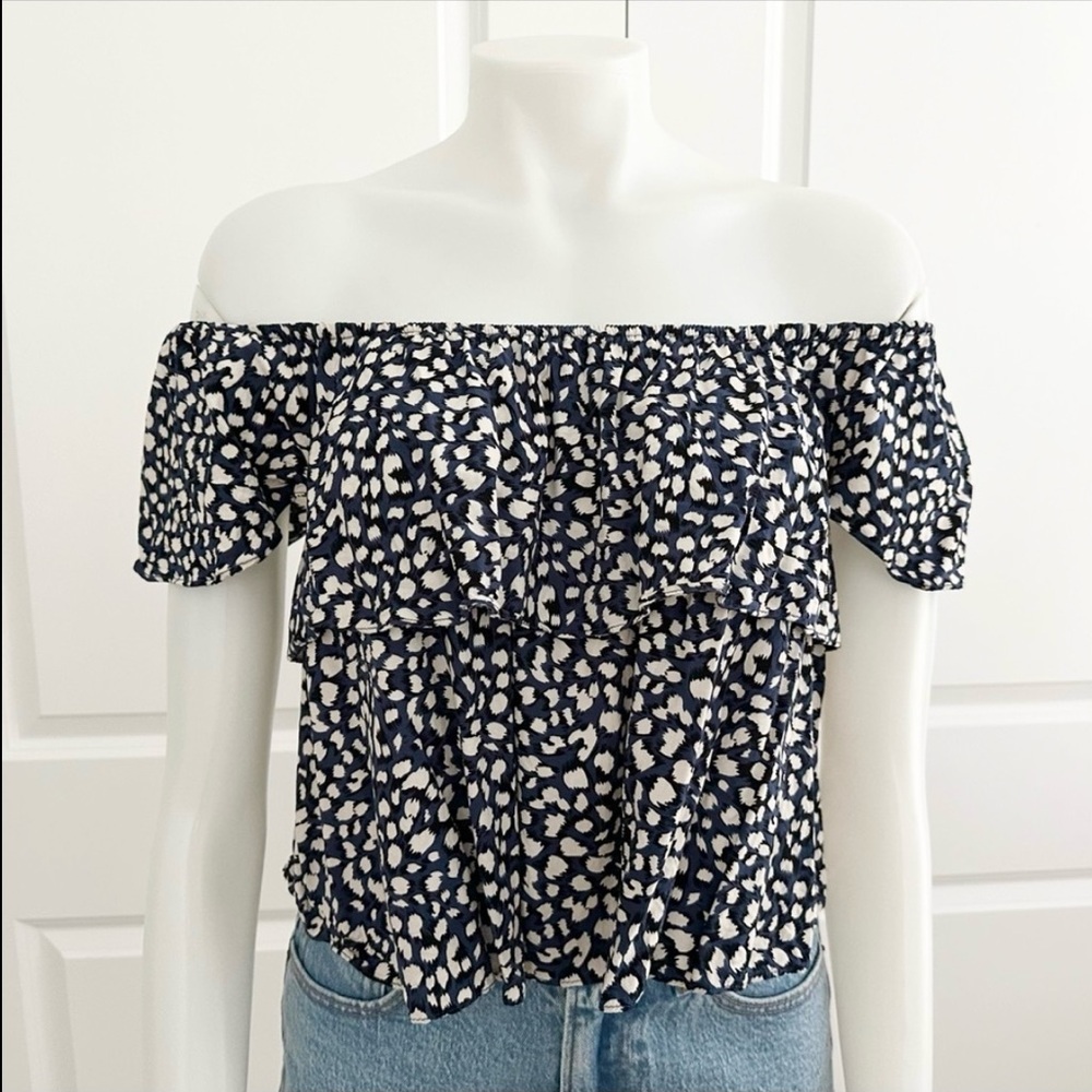 Navy Blue and Cream Abstract Floral /Animal Print Ruffle Off The Shoulder Blouse